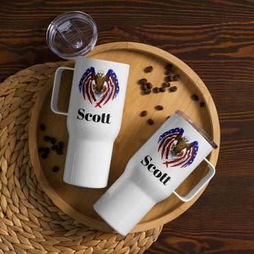 Custom American Eagle Travel Mug Tumbler with Handle, Stainless Steel BPA-free plastic Cup, 25 Ounce Mug, Dad Gift