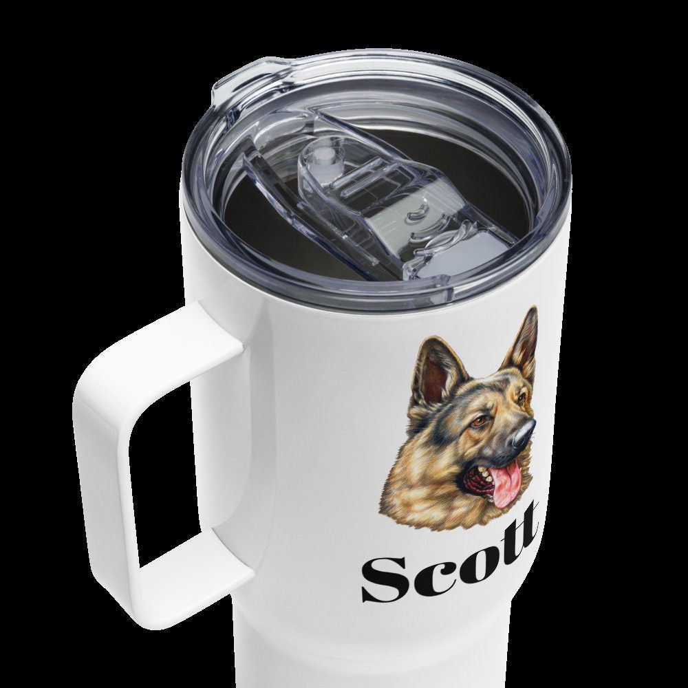Custom German Shepherd Dog Travel Mug Tumbler with Handle, Stainless Steel BPA-free plastic Cup, 25 Ounce Mug, Dad Mom Dog Lover Gift