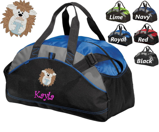 Personalized Kids Duffel Bag Gym School PE Contrast Piping and Stitching Embroidered with Hedgehog and Name or Text of Your Choice