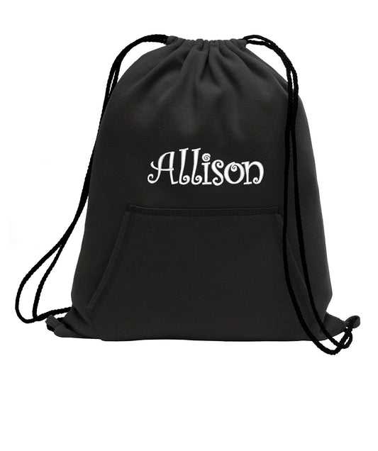 Personalized Black Cinch Pack, Fleece, Drawstring Gym School PE Backpack, Embroidered Monogrammed Custom Name, School Gift