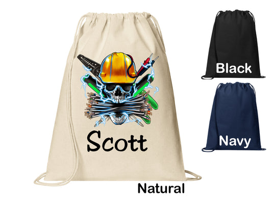 Personalized Electrician Skull Wires Cinch Pack, Drawstring Gym School Pool Backpack, Printed Monogrammed Custom Name, Perfect Gift