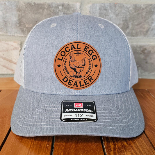 Egg Dealer Leather Patch Trucker Hat, Richardson 112, Local Egg Pusher Cap, Funny Hat, Chicken Lover Hat, Farmer Gift, Laser Engraved