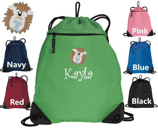 Personalized Kids Cinch Pack, Drawstring Gym School PE Pool Backpack , Embroidered Hedgehog, Custom Name, Gift