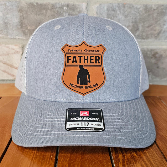 Police Leather Patch Trucker Hat, Richardson 112, Fathers Day Gift, American Hat, Greatest Dad Gift, Husband Gift, Laser Engraved