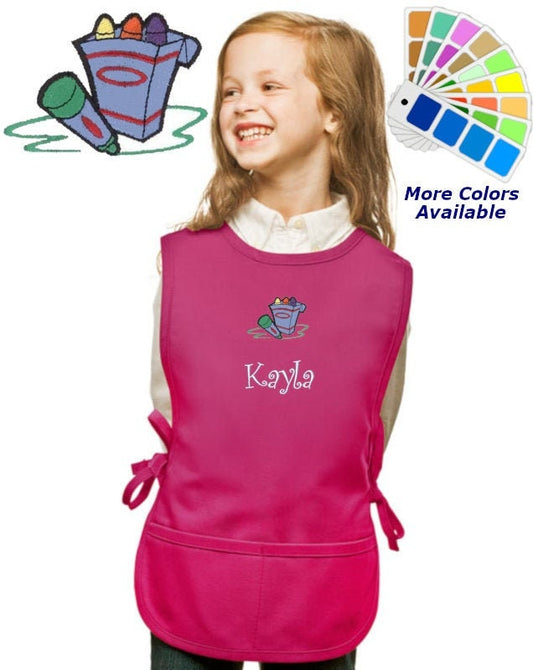 Personalized Kids Art Smock Cobbler Apron with Crayons Embroidery Design, School Art Apron, Custom Kids Art Smock, Student Gift