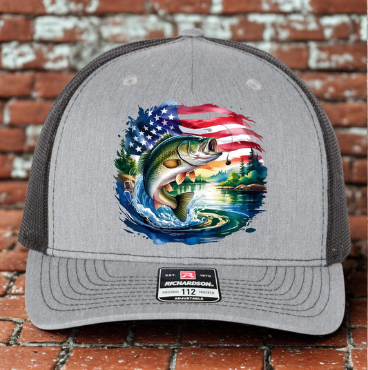 Bass Fishing Trucker Hat, Patriotic Fishing Hat Design, Richardson 112, Fly fishing Dad Gift Husband Gift, Sportsman Gift, Printed Hat
