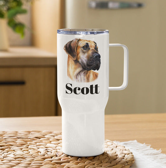 Custom Great Dane Dog Travel Mug Tumbler with Handle, Stainless Steel BPA-free Cup, 25 Ounce Mug, Dad Mom Dog Lover Gift