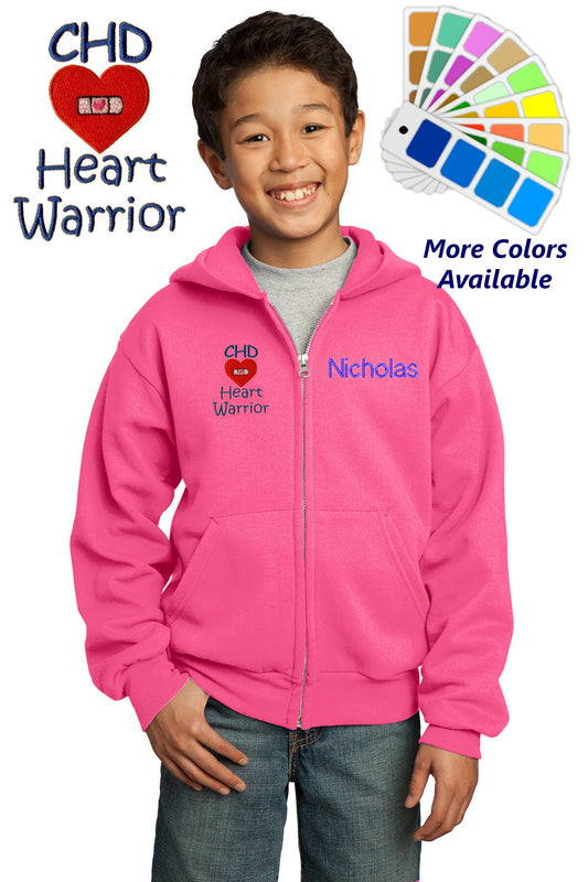 Personalized Kids Hoodie Sweatshirt Zipper Embroidered CHD Heart Warrior Design with a Name of Your Choice