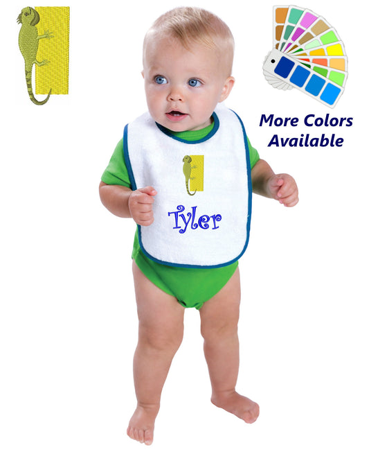 Personalized Baby Bib, White Cotton Terry with Contrast Trim, Letter I, Alphabet, Iguana Design, for Boy or Girl, Embroidered Name