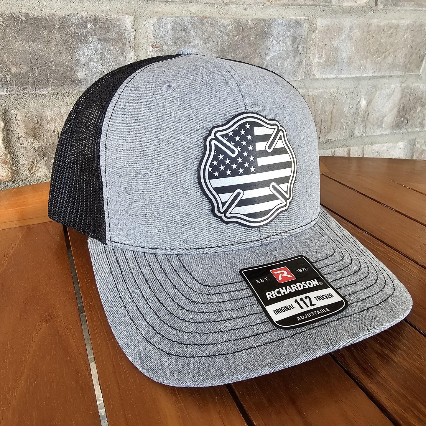 Firefighter Leather Patch Trucker Hat with Maltese Cross, Richardson 112, Fireman Hat, Dad Gift, Husband Gift, Station Gift, Laser Engraved