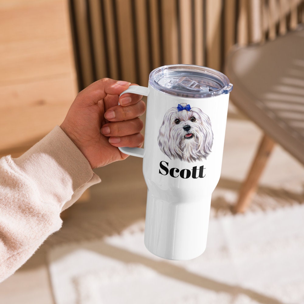 Custom Maltese Dog Travel Mug Tumbler with Handle, Stainless Steel BPA-free Cup, 25 Ounce Mug, Dad Mom Dog Lover Gift
