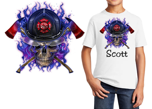 Personalized Kids T-Shirt Firefighter Skull Purple Flames Design, T-Shirt, Colorful, Cotton, Low Price Inexpensive Tee Shirt, Student Gift