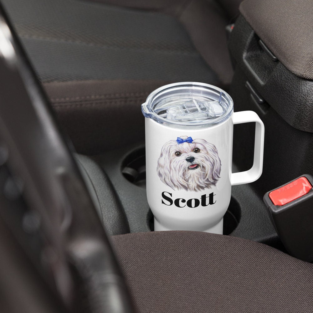 Custom Maltese Dog Travel Mug Tumbler with Handle, Stainless Steel BPA-free Cup, 25 Ounce Mug, Dad Mom Dog Lover Gift