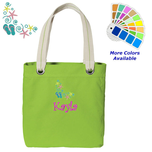 Personalized Canvas Tote Bag Beach Shoes Design Contrast Lined with Metal Grommets Embroidered with Name or Text of Your Choice