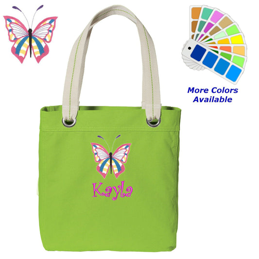 Personalized Canvas Tote Bag Butterfly Design Contrast Lined with Metal Grommets Embroidered with Name or Text of Your Choice