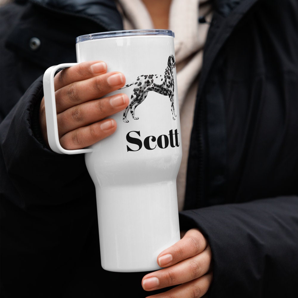 Custom Dalmatian Dog Travel Mug Tumbler with Handle, Stainless Steel BPA-free plastic Cup, 25 Ounce Mug, Dad Mom Dog Lover Gift