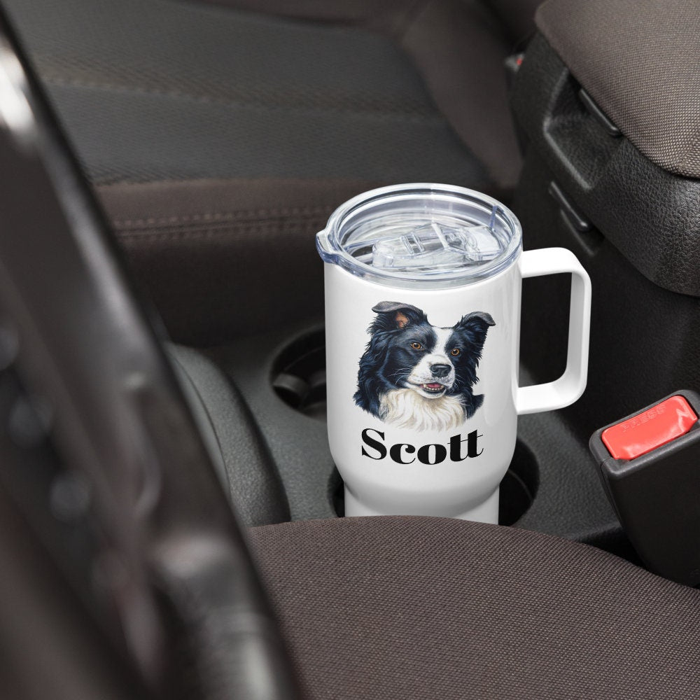 Custom Border Collie Dog Travel Mug Tumbler with Handle, Stainless Steel BPA-free plastic Cup, 25 Ounce Mug, Dad Dog Lover Gift