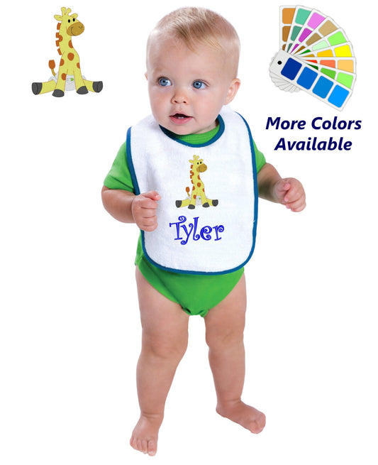 Personalized Baby Bib White Cotton Terry with Contrast Trim Baby Giraffe Design for Boy or Girl Embroidered Name