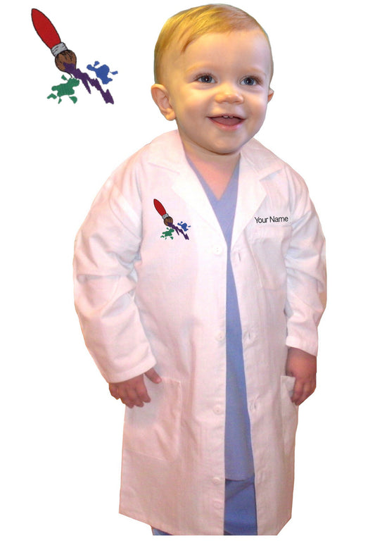 Personalized White Kids Art Smock with Sleeves Embroidered with Paint Brush Design and Your Name or Text
