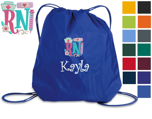 Personalized RN Nurse Cinch Pack, Drawstring Gym School, Pool Backpack, Embroidered RN Design, Monogrammed Custom Name, Nurse Gift