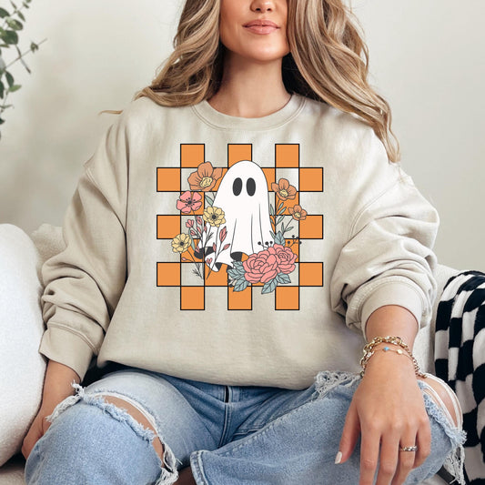 Halloween Ghost Sweatshirt, Cute Ghost Checker Floral Sweats, Womens Halloween Sweatshirt, Cute Retro Fall Sweats, Spooky Season, Fall Gift