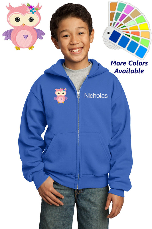 Personalized Kids Hoodie Sweatshirt Zipper Embroidered Pink Owl Design with a Name of Your Choice