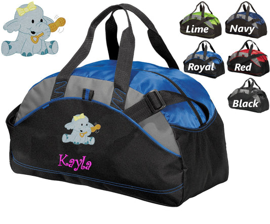 Personalized Kids Duffel Bag Gym School PE Contrast Piping and Stitching Embroidered with Elephant and Name or Text of Your Choice