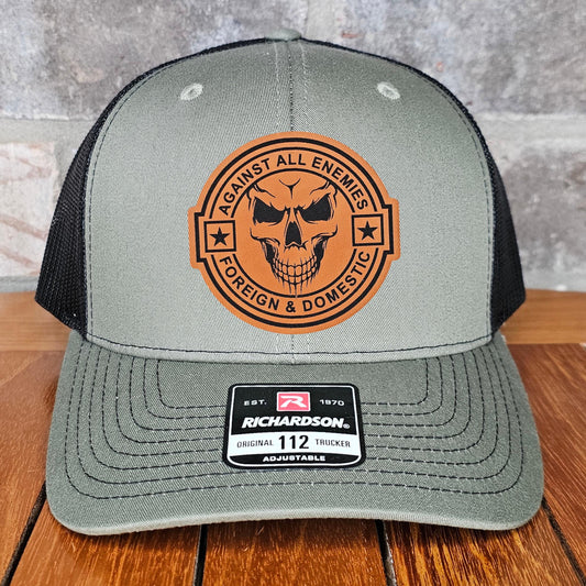 Veteran Leather Patch Trucker Hat, Against All Enemies Skull, Richardson 112, US Army Hat, Military Gift, Dad Gift, Army Cap, Laser Engraved