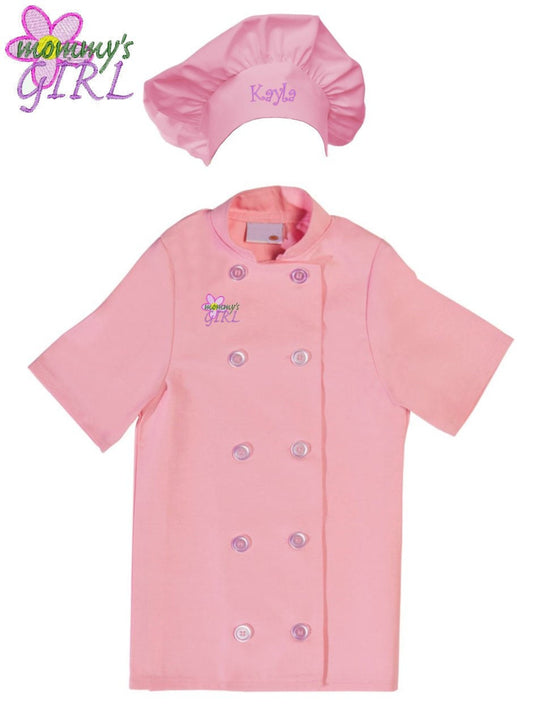 Personalized Kids Pink Chef Coat Jacket with Chef Hat and Mommys Girl Design Short Sleeve