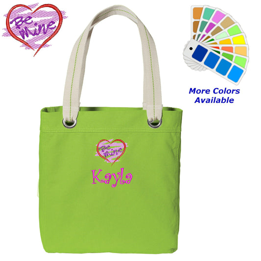 Personalized Canvas Tote Bag Be Mine Heart Valentines Design Contrast Lined with Metal Grommets Embroidered with Name or Text of Your Choice