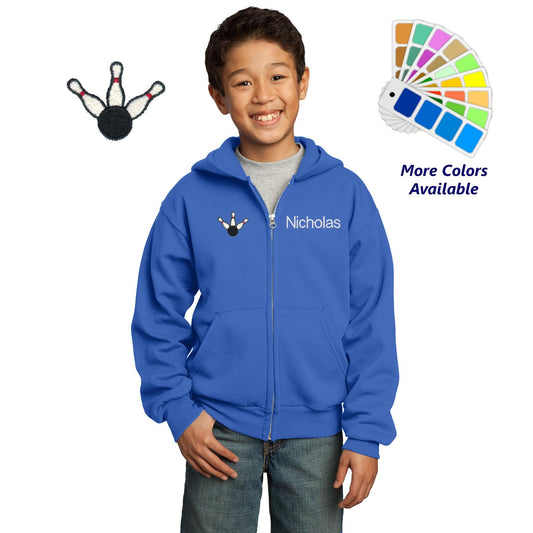 Personalized Kids Bowling Hoodie Sweatshirt Zipper Embroidered Bowling Design with a Name of Your Choice