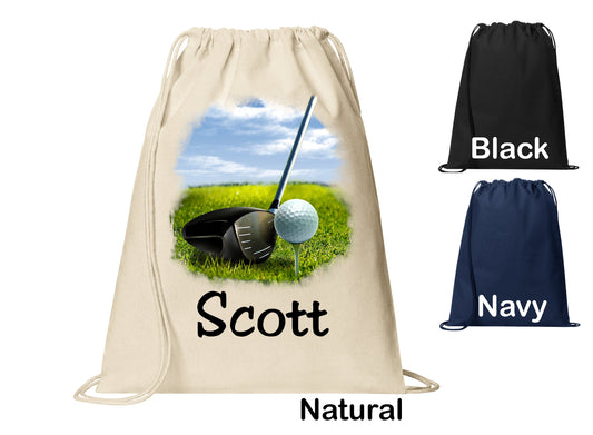Personalized Golf Ball Tee Club Design Cinch Pack, Drawstring Gym School Pool Backpack, Printed Monogrammed Custom Name, Perfect Gift