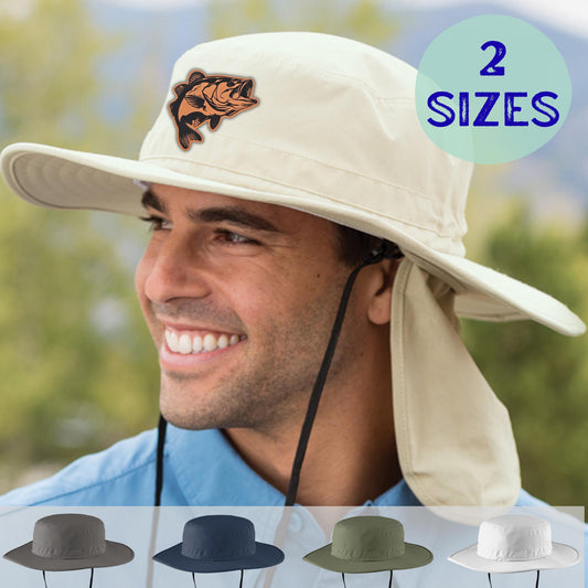 Largemouth Bass Leather Patch Bucket Hat, Fishing Hat Design, Wide Brim Hat, Funny Dad Gift Husband Gift, Sportsman Gift, Laser Engraved