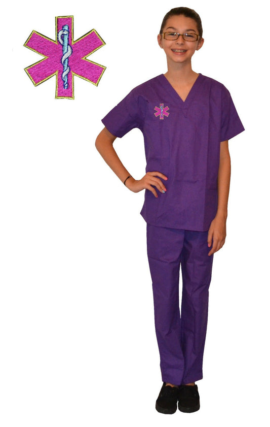 Purple Kids Scrubs with Pink Medical Symbol, Child Doctor Costume, Nurse Halloween, Veterinarian, Scientist