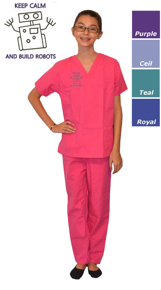 Kids Scrubs with Keep Calm and Build Robots Embroidery Design