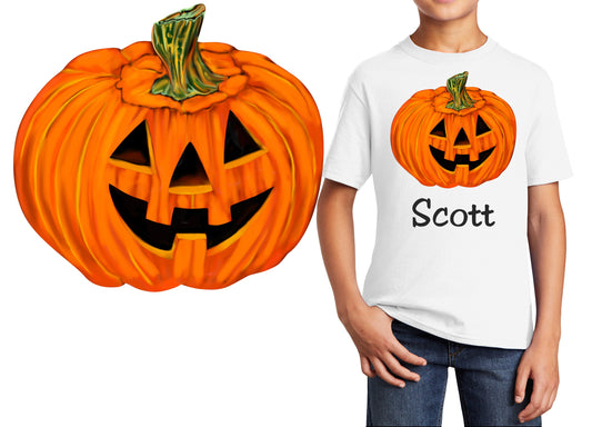 Personalized Kids T-Shirt Halloween Jack O Lantern Pumpkin Design, T-Shirt, Colorful, Cotton, Low Price Inexpensive Tee Shirt, School Gift