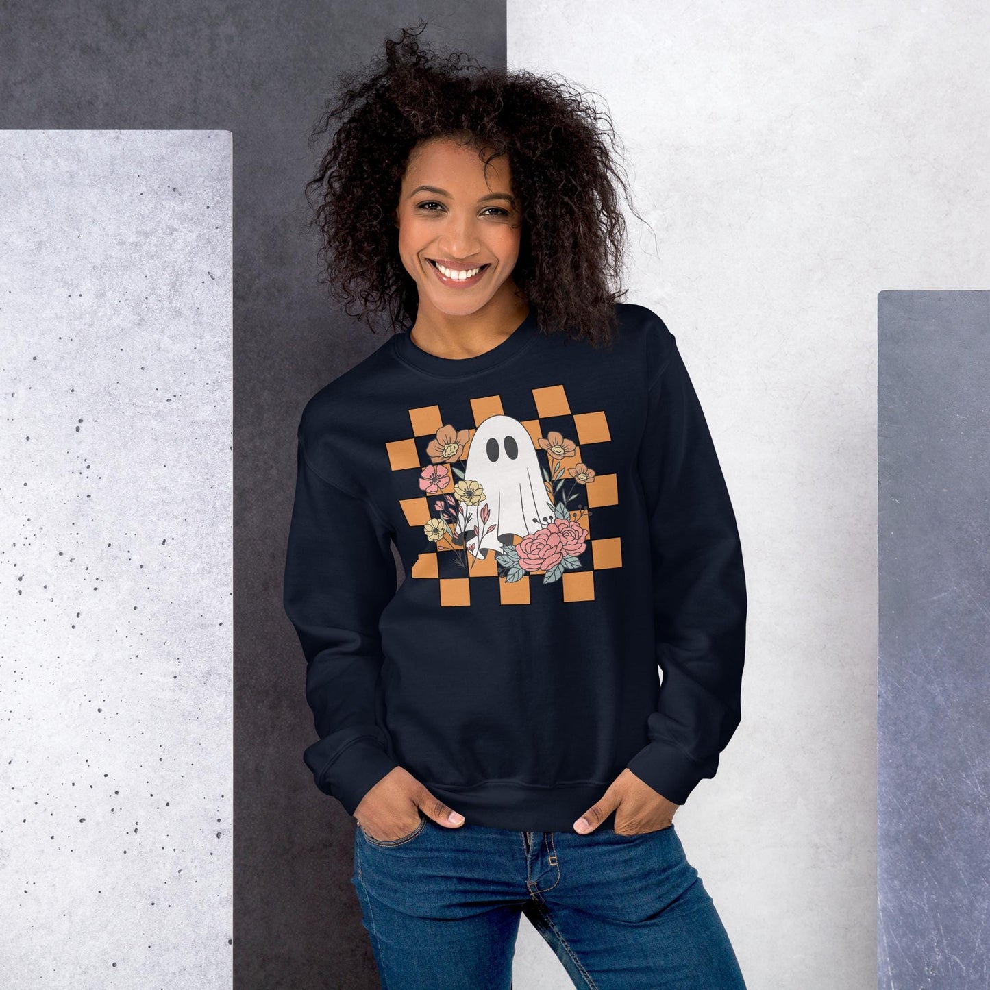 Halloween Ghost Sweatshirt, Cute Ghost Checker Floral Sweats, Womens Halloween Sweatshirt, Cute Retro Fall Sweats, Spooky Season, Fall Gift