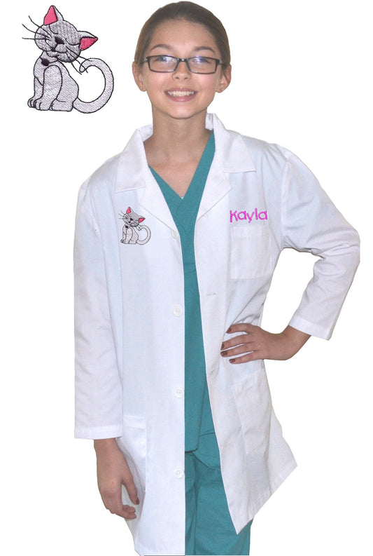Personalized Kids Lab Coat with Kity Cat Embroidery Design, Veterinarian Lab Coat, Birthday Gift, Childrens Lab Coat, Monogrammed Name