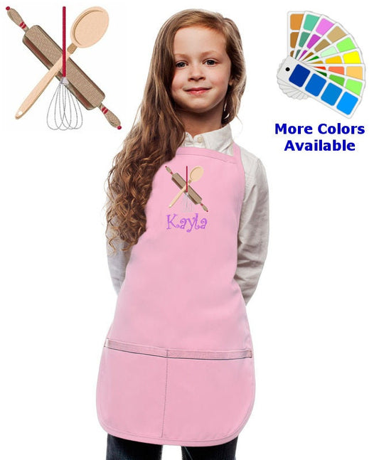 Personalized Kids Apron with Cooking Utensils Rolling Pin Design, Custom Embroidered Name, Chef Gift Cooking Party, Art Party, School Aprons