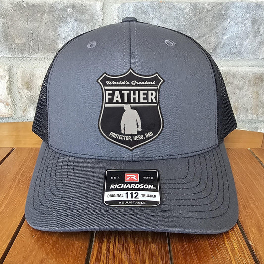 Police Shield Leather Patch Trucker Hat, Richardson 112, Fathers Day Gift, Police Gift, Dad Husband Gift, Station Gift, Laser Engraved