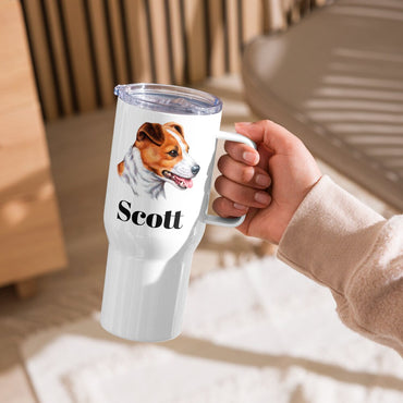 Custom Jack Russell Terrier Dog Travel Mug Tumbler with Handle, Stainless Steel BPA-free Cup, 25 Ounce Mug, Dad Mom Dog Lover Gift