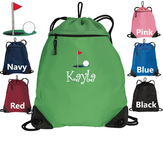 Personalized Kids Golf Cinch Pack, Drawstring Gym School PE Pool, Golf Backpack, Embroidered Monogrammed Custom Name, Perfect Gift