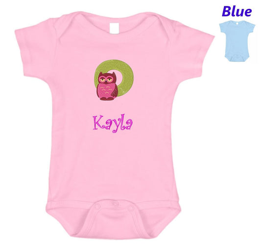 Personalized Baby Onesie Pink Blue Embroidered Letter O Owl Newborn One Piece Body Suit Baby Shower Gift Monogrammed Your Baby's Name