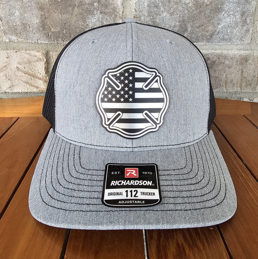 Firefighter Leather Patch Trucker Hat with Black Maltese Cross, Richardson 112, Fireman Hat, Dad Husband Gift, Station Gift, Laser Engraved