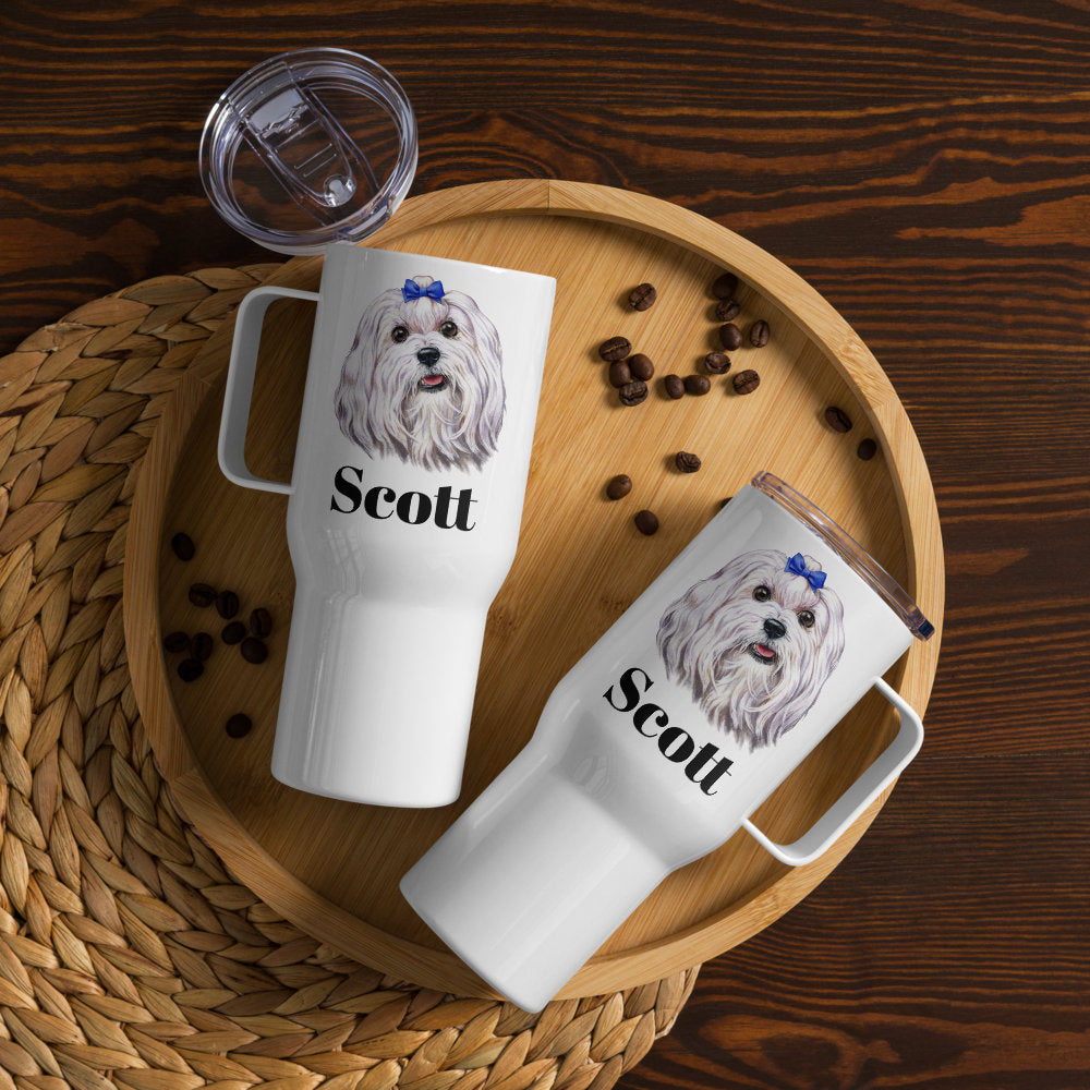 Custom Maltese Dog Travel Mug Tumbler with Handle, Stainless Steel BPA-free Cup, 25 Ounce Mug, Dad Mom Dog Lover Gift