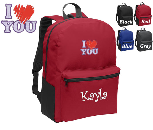 Personalized Kids Backpack Embroidered I Love You Monogrammed with Name of Your Choice Perfect Kids School Gift