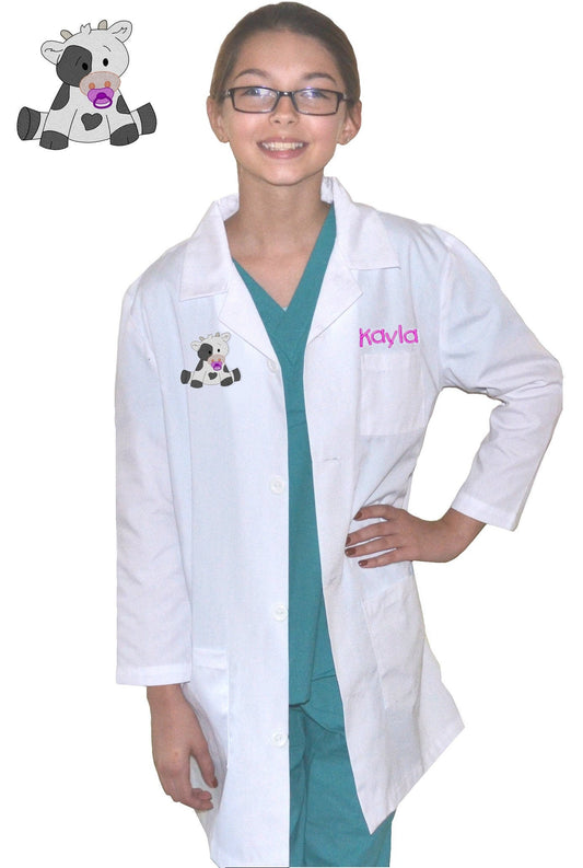 Personalized Kids Lab Coat with Cow Embroidery Design, Veterinarian Lab Coat, Birthday Gift, Childrens Lab Coat, Monogrammed Name