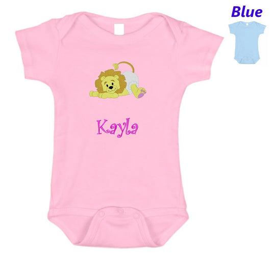 Personalized Baby Onesie Pink Blue Embroidered Baby Lion Newborn One Piece Body Suit Baby Shower Gift Monogrammed with Your Baby's Name