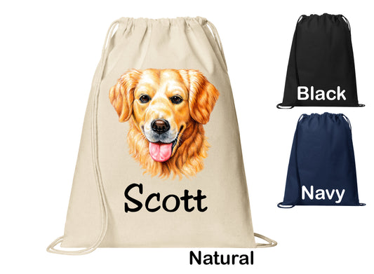 Personalized Golden Retiever Dog Face Cinch Pack, Drawstring Gym School Pool Backpack, Printed Monogrammed Custom Name, Perfect Gift