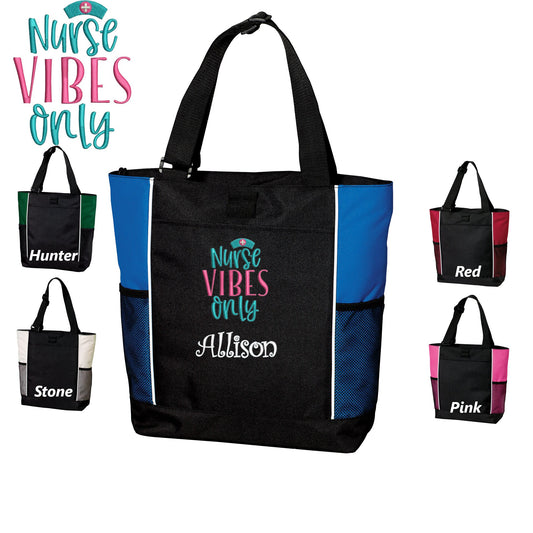 Personalized Canvas Nurse Tote Bag, Nurse Vibes Design, Custom Tote, Tote with Zipper, Embroidered Custom Name, Funny Nurse Gift